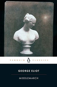 Cover of "Middlemarch" by George Eliot, featuring a sculpture of a woman's bust on the front.