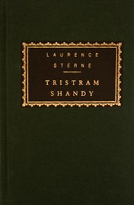 Dark green cover of "Tristram Shandy" by Laurence Sterne with gold text on a black rectangular background.