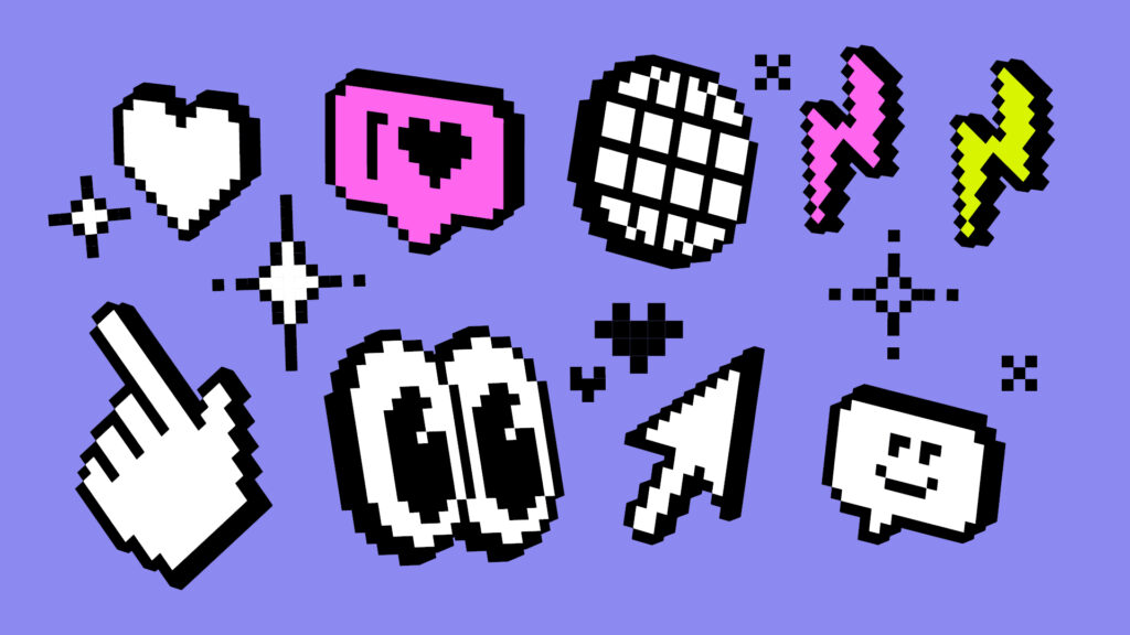 A variety of 90s-style pixel art icons, including hearts, a disco ball, lightning bolts, cursors, and a smiley face.