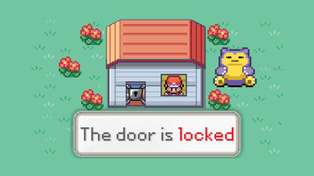 A character outside a house sees the message "The door is locked" with a Snorlax nearby.