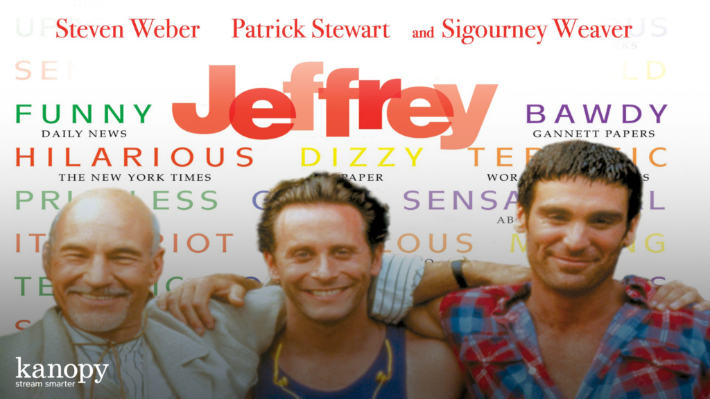Three smiling men stand arm-in-arm below colorful "Jeffrey" movie title and critics' praise on a white background.