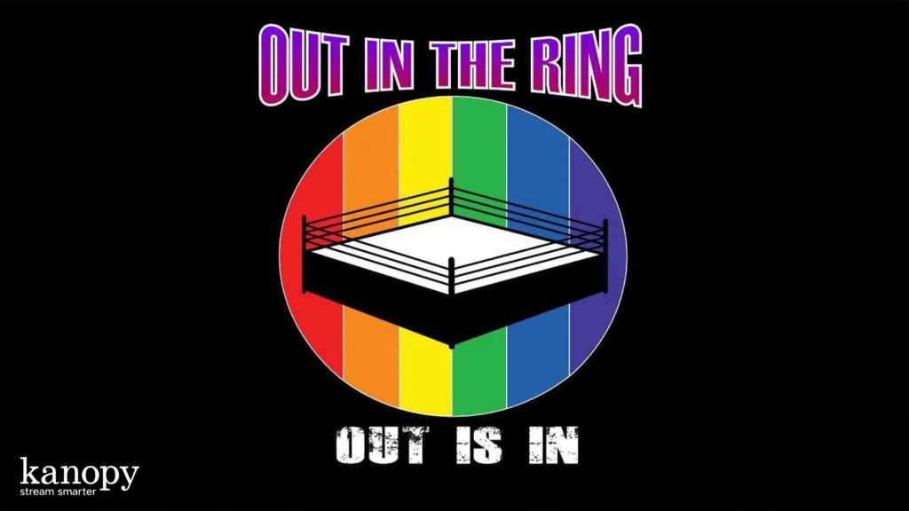A wrestling ring over a rainbow circle with the words "OUT IN THE RING" and "OUT IS IN" around it.