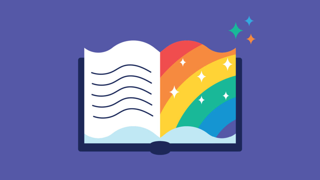 An open book with one page of text and the other showing a colorful rainbow and sparkling stars.