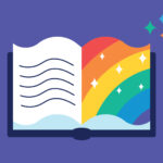 An open book with one page of text and the other showing a colorful rainbow and sparkling stars.
