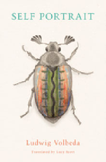 A detailed illustration of a beetle is centered on a book cover titled "Self Portrait" by Ludwig Volbeda.