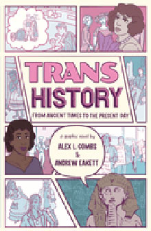 Comic-style book cover titled "Trans History" with illustrations of diverse people in pink and purple tones.