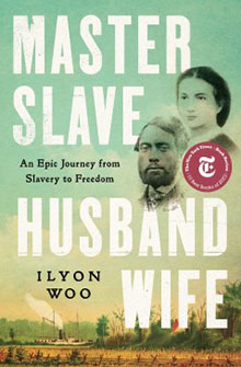 Book cover of "Master Slave Husband Wife" by Ilyon Woo, featuring portraits of a couple and a landscape with a ship.