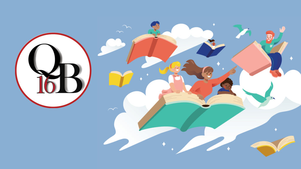 Children ride flying books among clouds and birds, with a QB16 logo on the left against a blue sky.
