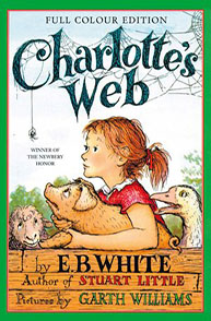 Cover of "Charlotte's Web" by E.B. White, illustrated by Garth Williams, showing a girl with farm animals.