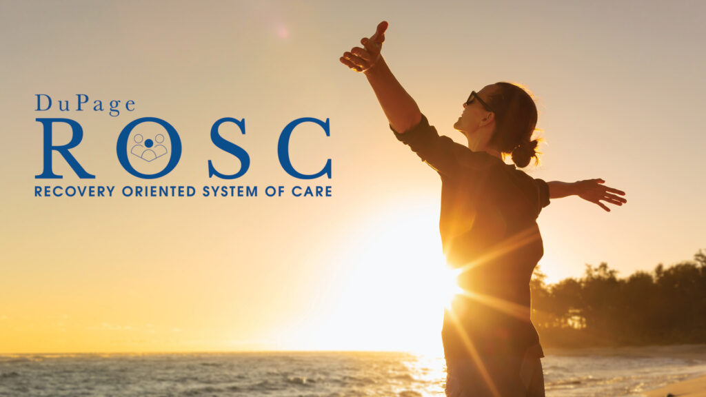 Woman with outstretched arms stands by the ocean at sunset; DuPage ROSC logo and text are visible.