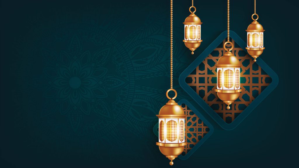 Golden lanterns hanging against a dark, intricately patterned background.