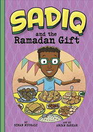 Book cover: "Sadiq and the Ramadan Gift" shows a smiling boy with green glasses, arms open, and a table full of food.