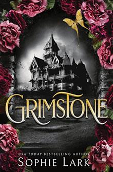 A gothic mansion in black and white, framed by red roses, with the title "Grimstone" in gold lettering.