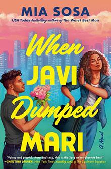 A man holding flowers looks at a woman with curly hair against a cityscape, on the cover of "When Javi Dumped Mari.
