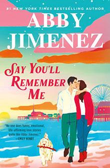 Illustrated couple kissing on a beach at sunset, with a dog and amusement park in the background; book cover.