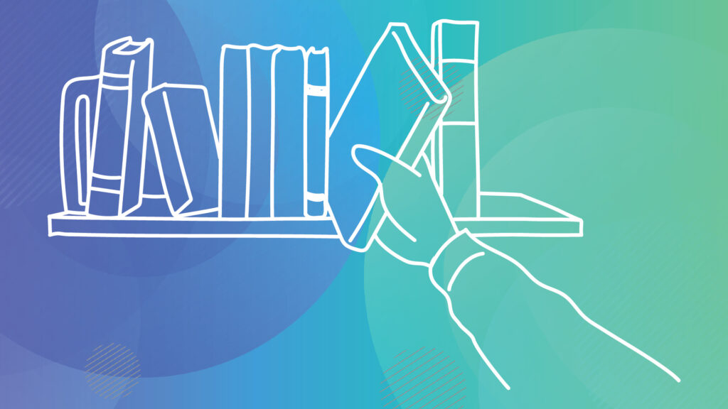 Line drawing of a hand reaching for a book on a shelf with other books, on a blue-green gradient background.