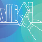 Line drawing of a hand reaching for a book on a shelf with other books, on a blue-green gradient background.