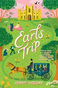 Illustrated book cover of "Earl's Trip" by Jenny Holiday, featuring a horse-drawn carriage and a castle in the background.