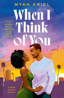 Book cover of "When I Think of You" by Myah Ariel, featuring a couple embracing with palm trees and a sunset in the background.