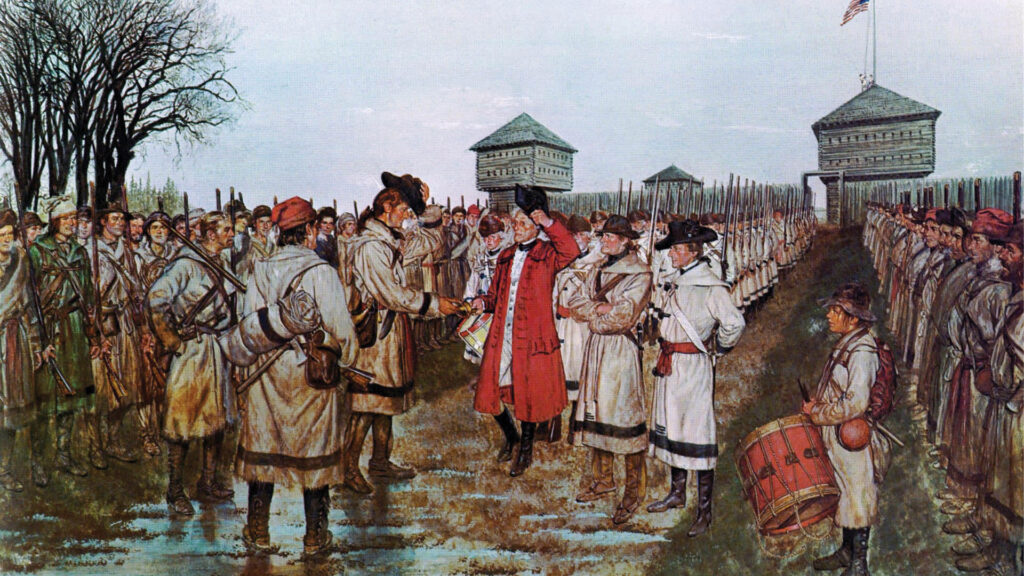 Soldiers in uniform stand in formation as an officer accepts surrender from another officer at a fort.