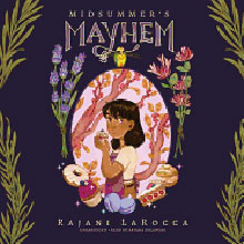 A girl holding a cupcake stands with baked goods and flowers on a book cover titled "Midsummer's Mayhem.