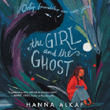 A girl sits reading under a dark ghostly figure with glowing eyes, surrounded by colorful swirls and trees.