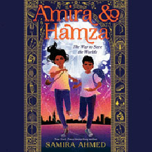 Two kids run with glowing objects; book cover reads "Amira & Hamza" by Samira Ahmed.