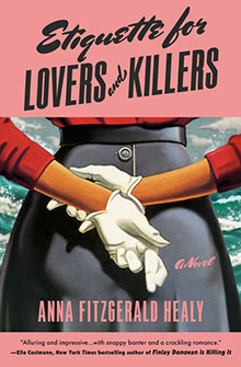 Book cover for "Etiquette for Lovers and Killers" showing a woman in red tying a rope behind her back.