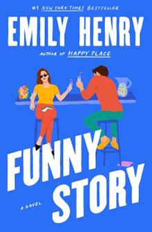 Illustration of two people sitting at a bar with drinks on a blue background. Text: "Funny Story" by Emily Henry.