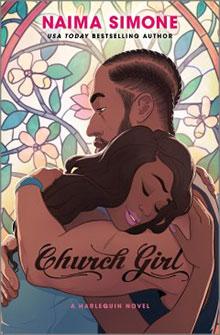 A man and woman embrace in front of a stained glass window; text reads "Church Girl" by Naima Simone.