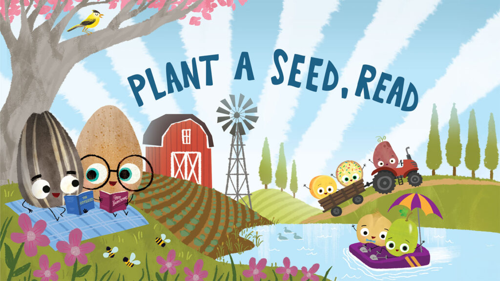 Cartoon seeds read by a farm, with "Plant a Seed, Read" text and seeds boating on a pond.