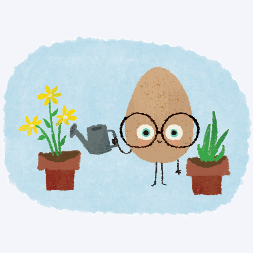 A cartoon egg with glasses waters potted plants, one with yellow flowers, on a blue background.