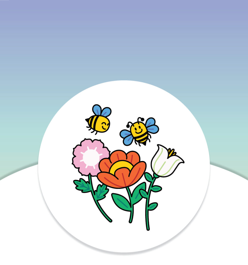 Two cartoon bees flying above colorful flowers on a white circular background with a blue-green gradient.