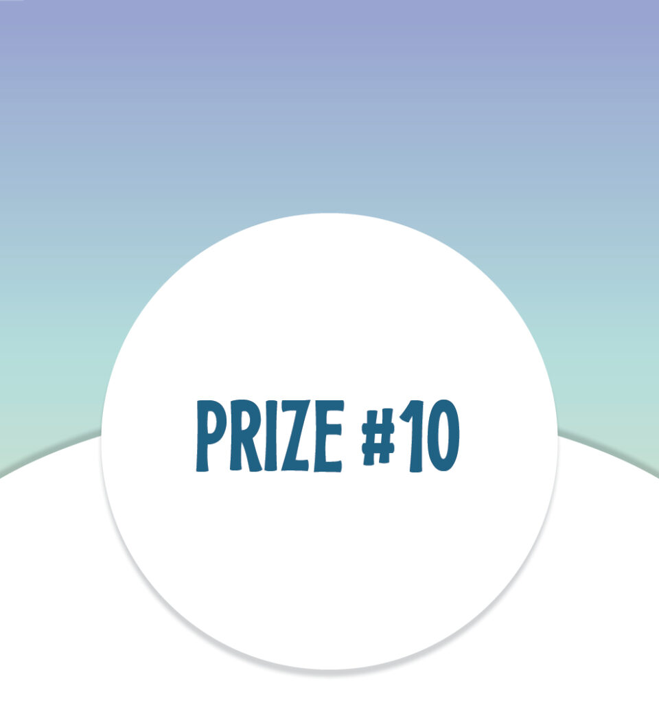 A white circle with "PRIZE #10" in bold blue text on a blue-green gradient background.