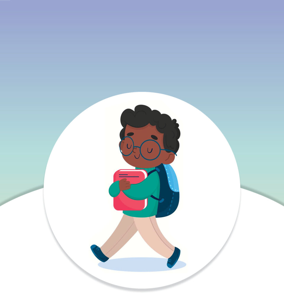 Illustration of a boy with glasses and a backpack, happily carrying books while walking.