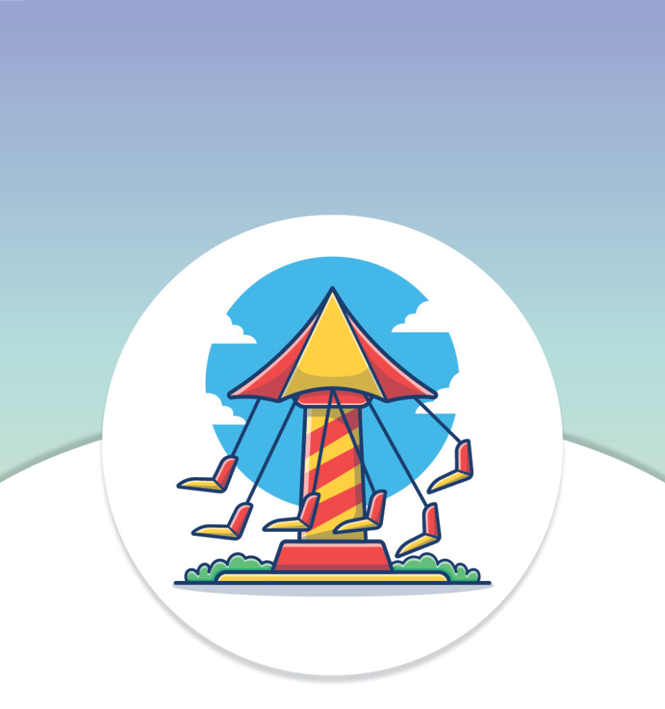 Illustration of a colorful swing ride carousel with empty seats against a blue sky background.