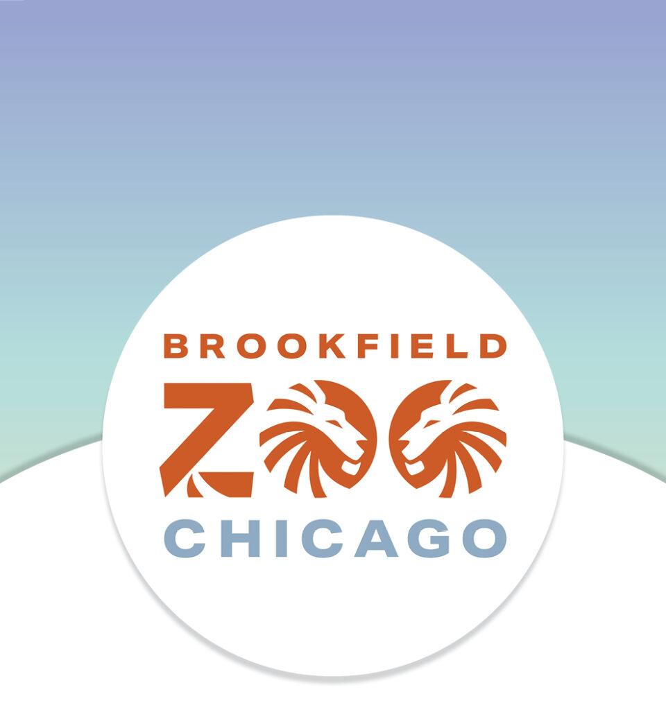 Brookfield Zoo Chicago logo with two lion heads on a white circle, blue and green gradient background.