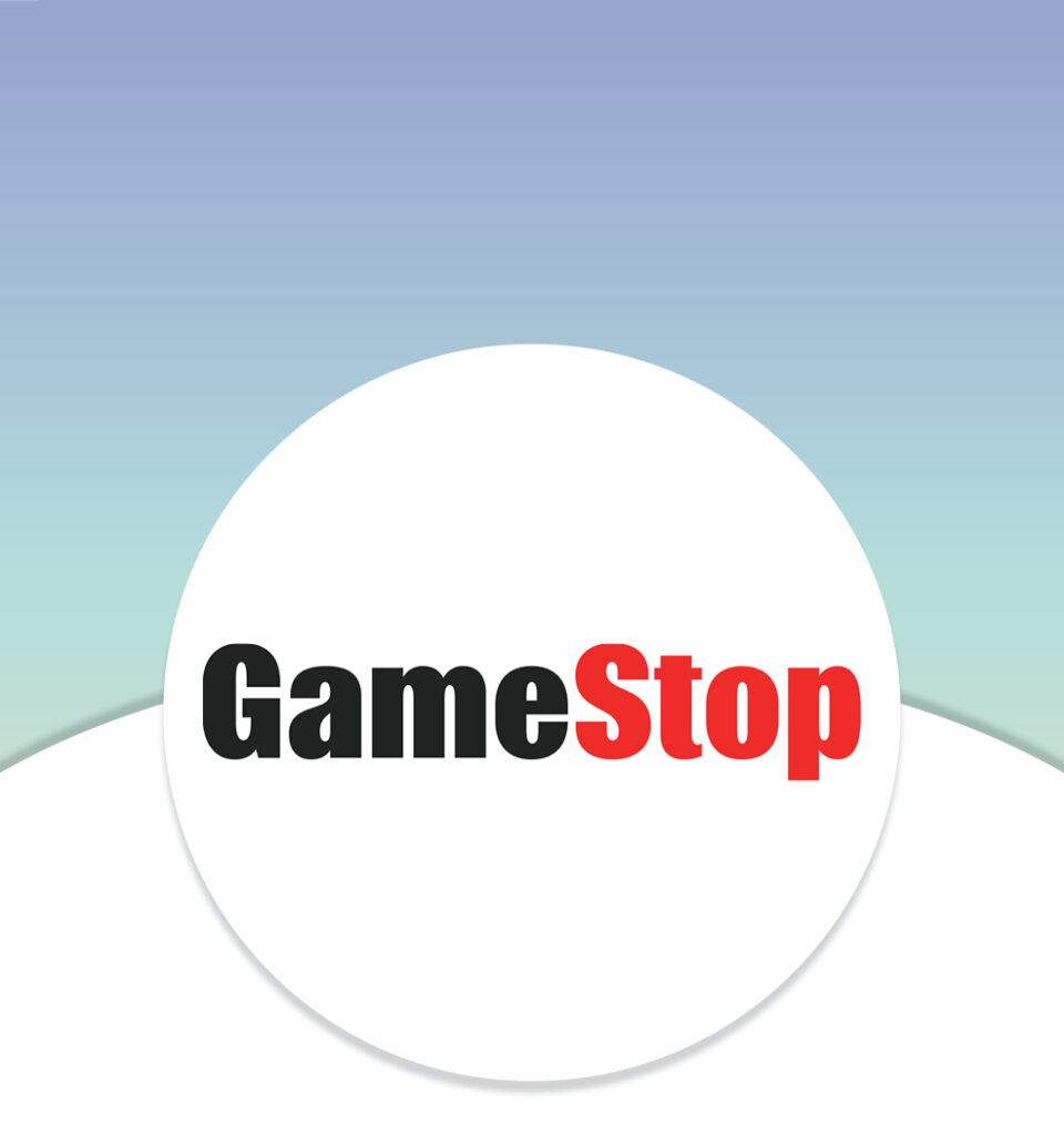 GameStop logo with "Game" in black and "Stop" in red on a white circle background with a gradient sky.