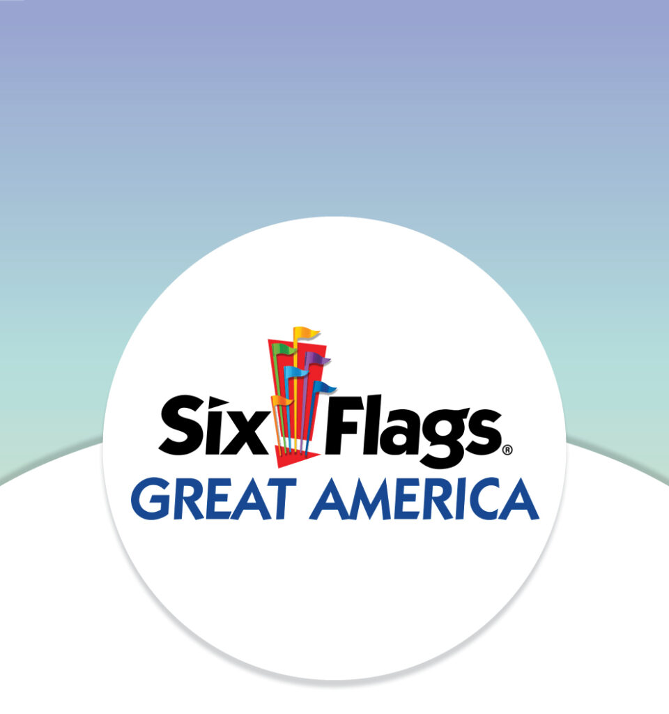 Six Flags Great America logo with colorful flags on a white circle and gradient blue-green background.