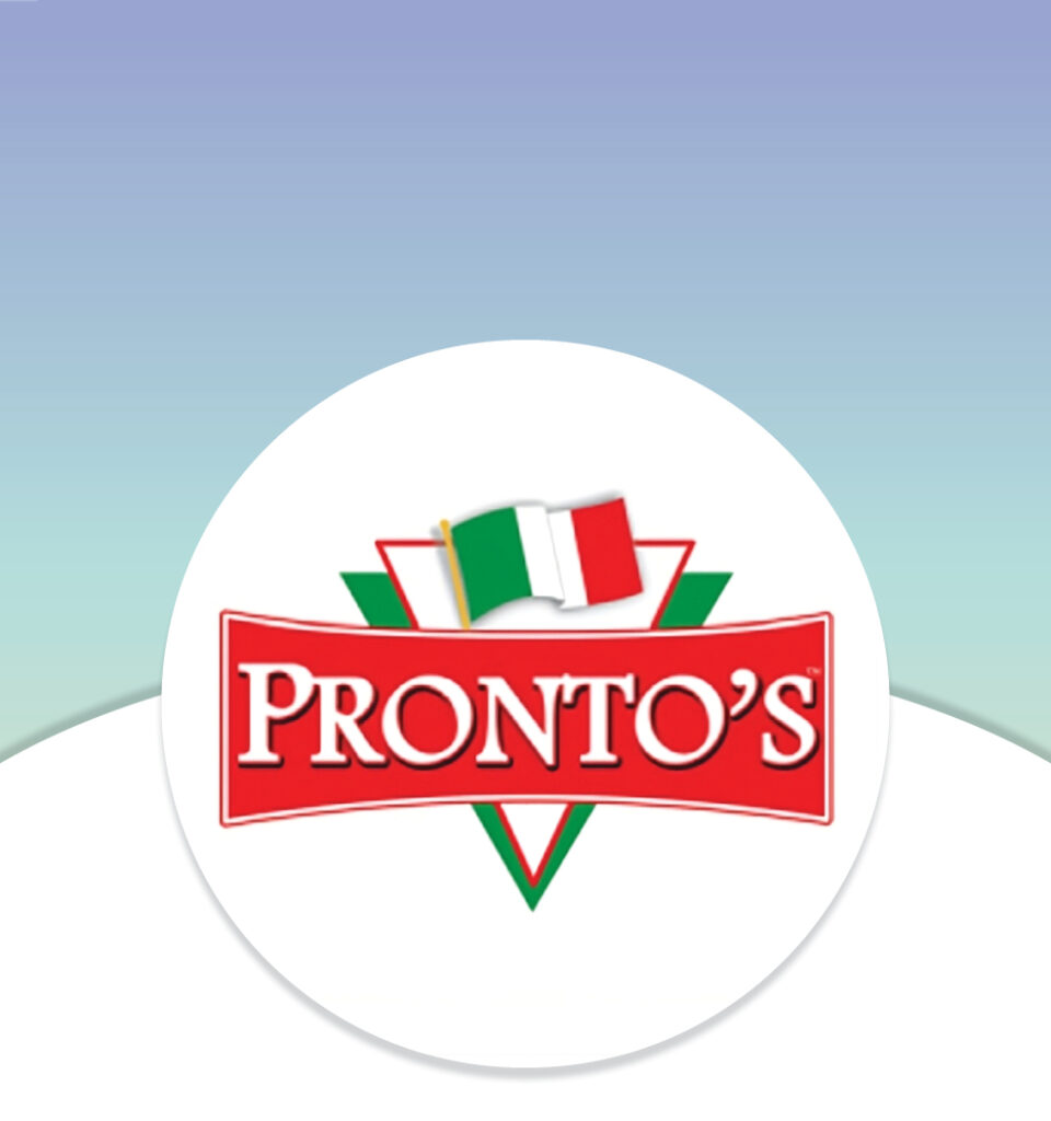 Pronto’s logo with Italian flag above red text on a white circle, gradient blue-green background.