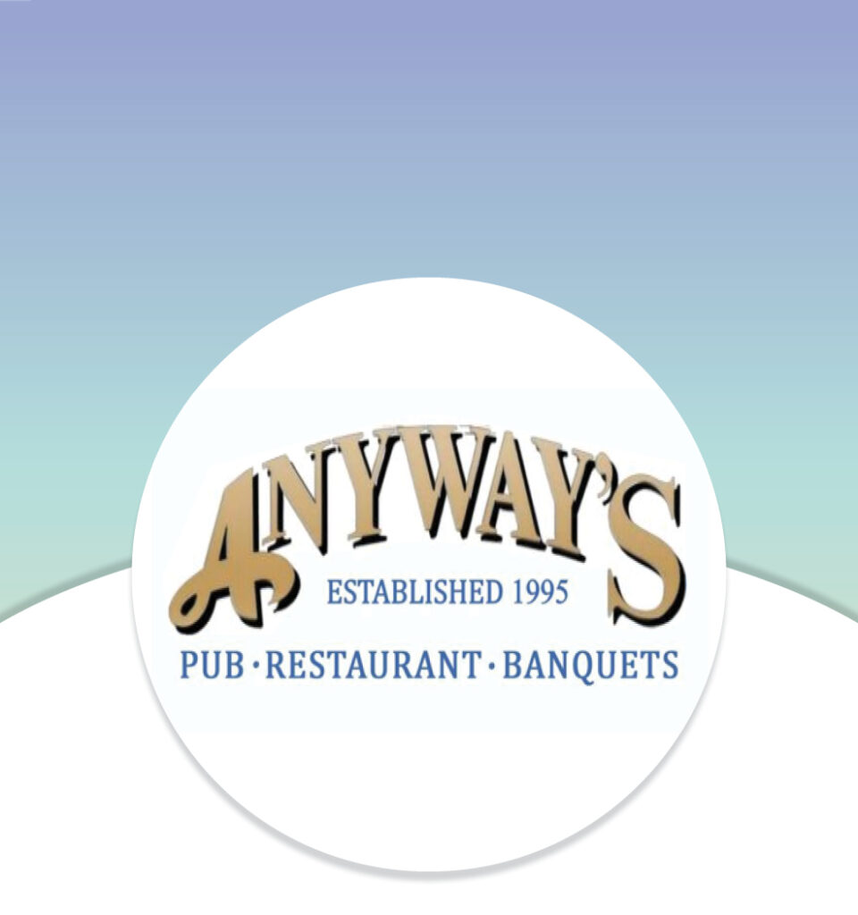 Anyways Pub, Restaurant, Banquets logo with "Established 1995" text on a gradient background.