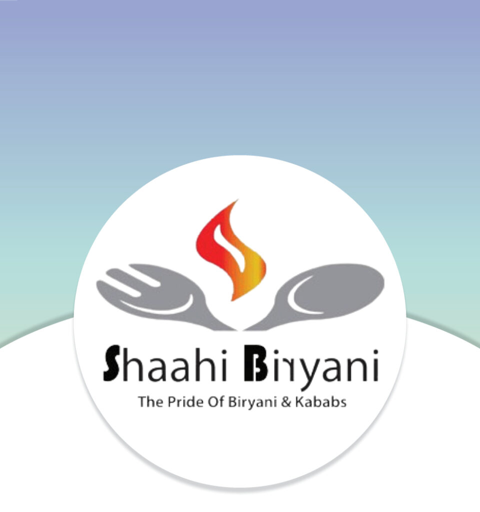 Logo with a spoon, fork, flame, and text: "Shaahi Biryani - The Pride Of Biryani & Kababs.