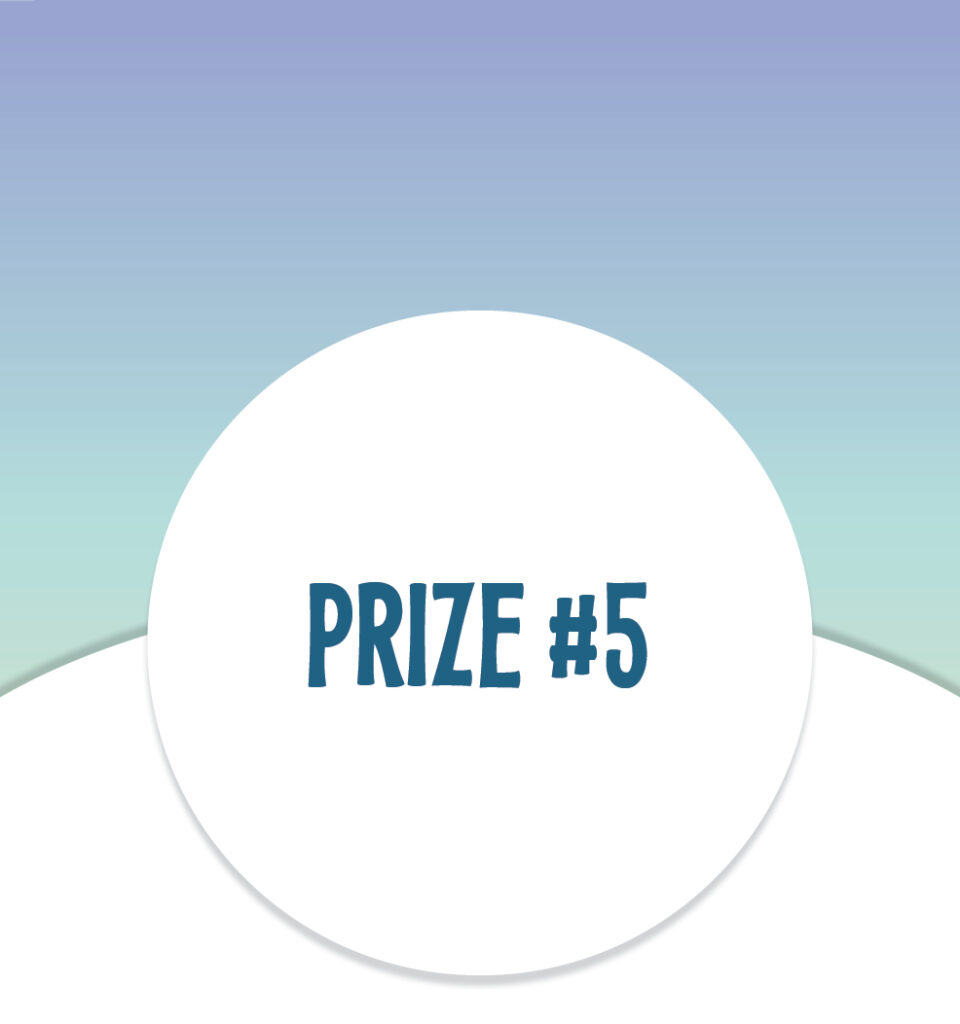 Text "PRIZE #5" in blue, centered inside a large white oval on a blue and green gradient background.