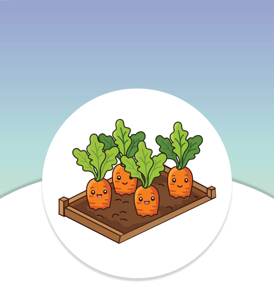 Four cute cartoon carrots with faces growing in a raised garden bed on a gradient blue background.