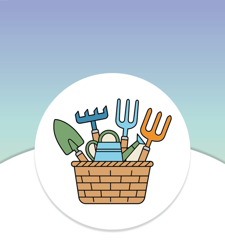 A basket with garden tools, including a trowel, rake, fork, and watering can, on a gradient background.