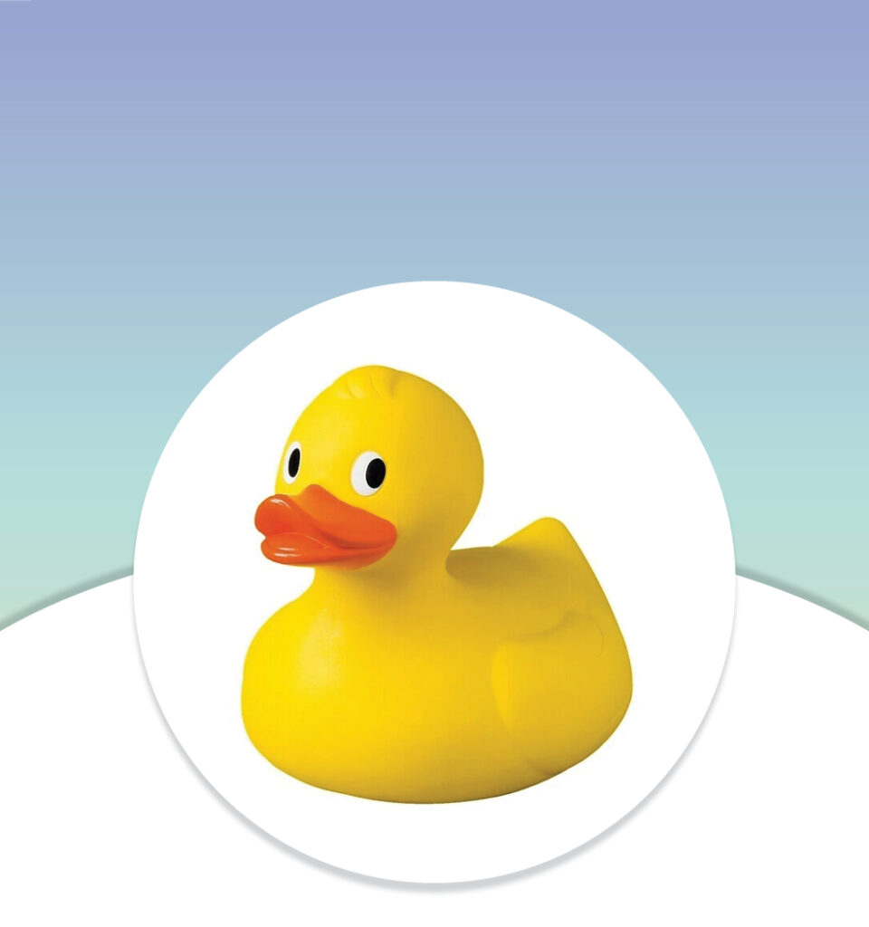 A yellow rubber duck with an orange beak on a circular white background with a blue-green gradient.