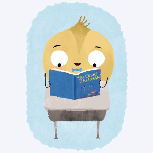 Cartoon chick at a desk reading a blue book titled "The Great Oats-dean" on a light blue background.