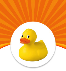 Yellow rubber duck against a white circle background with orange rays radiating from the top.