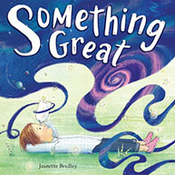 Illustration of a child lying on the grass gazing at a rocket, with the text "Something Great" in whimsical font.