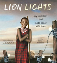 Book cover for "Lion Lights" showing a smiling child in traditional clothing standing by a fence with light bulbs hanging.